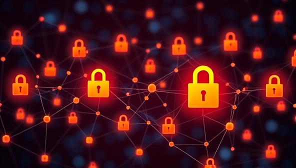 An artistic representation of a blockchain network with interconnected design elements and secure transaction blocks, symbolizing the trust and transparency of BlockDesignHub's blockchain-verified web design subscription marketplace.