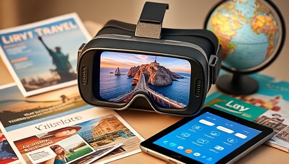 A VR headset displaying a picturesque virtual travel destination, surrounded by travel brochures, a globe, and a digital tablet with travel apps, creating an immersive and futuristic setting for virtual travel consultations and trip planning.