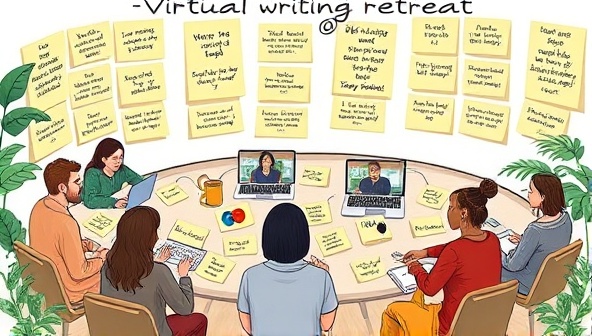 An artistic depiction of a virtual writing retreat with diverse participants engaged in online workshops, surrounded by virtual post-it notes with inspiring quotes and writing prompts, fostering a sense of creativity and collaboration.