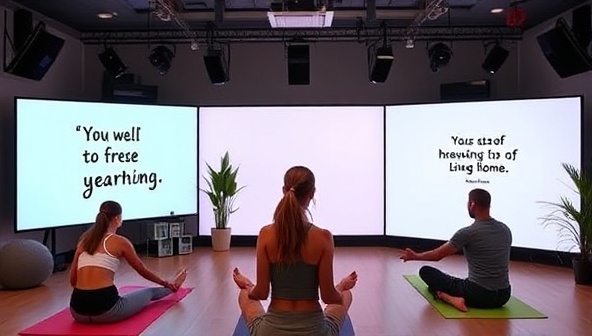 A virtual fitness studio setup with a coach leading an online workout session, participants engaging in exercises from home, and motivational quotes displayed on the screen, creating an energetic and supportive virtual fitness environment.