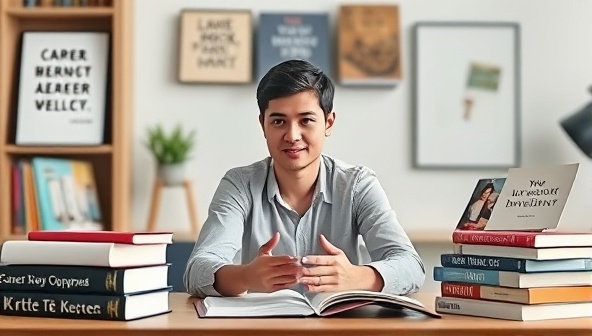 An image of a virtual mentorship session with a career counselor providing advice to a young professional, surrounded by career development books and motivational quotes, signifying guidance and support in career growth.