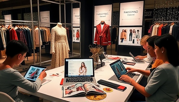 An elegant fashion styling workshop setup with mannequins displaying trendy outfits, style guides and fashion magazines spread out on a table, participants engaging in styling activities on their screens, and a backdrop of a chic boutique ambiance, creating a sophisticated and interactive fashion styling experience.