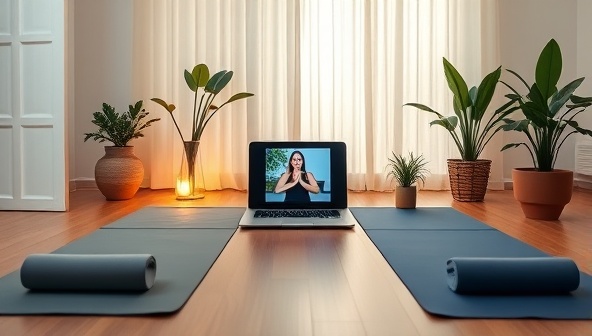 A serene virtual yoga studio setup with soft lighting, yoga mats, a laptop streaming a live session, plants in the background, and a calming atmosphere, inviting users to experience relaxation and mindfulness at home.