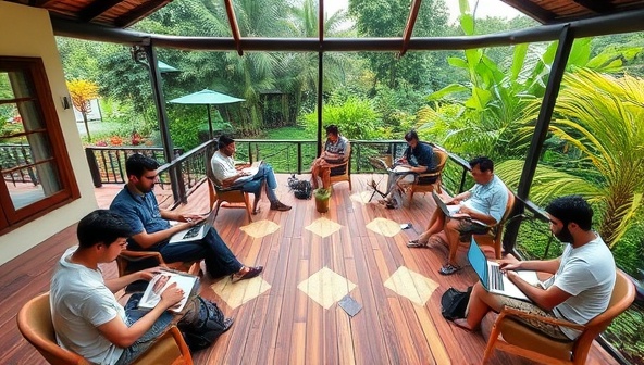 A picturesque co-working retreat setting with a diverse group of digital nomads working on laptops amidst lush greenery and serene surroundings, fostering a productive and collaborative work environment at Nomad Nexus Escapes.