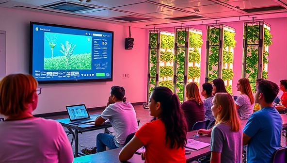 A vibrant virtual classroom setting with digital screens displaying plant growth data, futuristic vertical farming towers, and a diverse group of students engaging in hands-on learning activities, symbolizing innovation and education in agriculture.