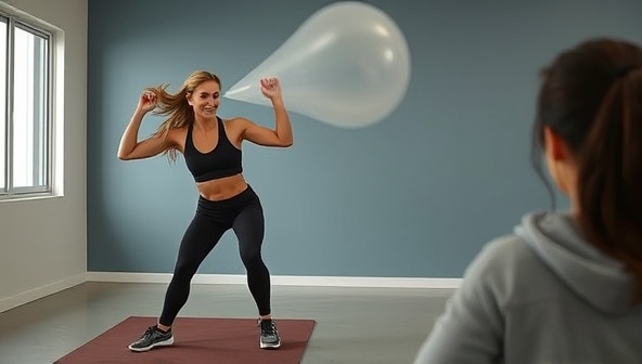 A dynamic and energetic virtual fitness session with a coach guiding a user through exercises via a video call, showcasing convenience and flexibility in workout routines.