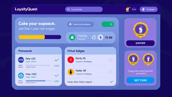 An interactive loyalty program interface featuring gamified elements like progress bars, rewards notifications, and virtual badges, creating a dynamic and engaging customer loyalty experience, representing the innovative approach of LoyaltyQuest.