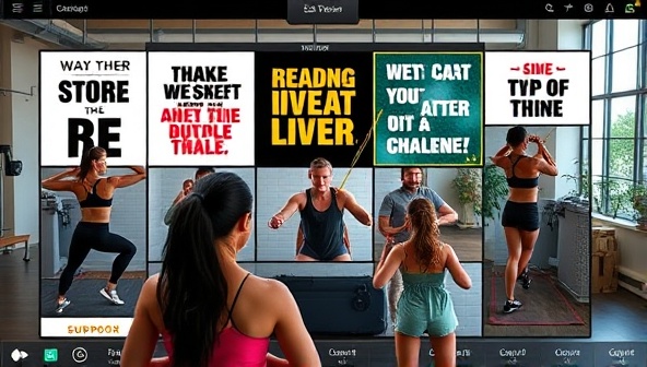 An energetic and dynamic image of an online fitness challenge session, featuring participants exercising together virtually, with motivational quotes, fitness equipment, and digital trackers visible on the screen, inspiring a sense of community and empowerment in fitness goals.