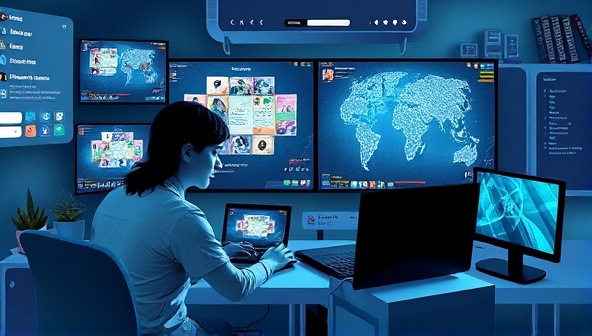 A digital artwork showcasing a mentor and mentee interacting in an online gaming environment, with gameplay screens, communication tools, and learning resources integrated into the virtual space, symbolizing a collaborative and educational gaming experience.