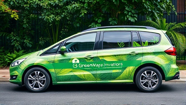 A visually engaging design featuring a vibrant vehicle wrapped in biodegradable materials with green foliage and eco-friendly symbols, parked in a nature-inspired setting, highlighting the eco-conscious and innovative approach of GreenWrap Innovations in vehicle customization.