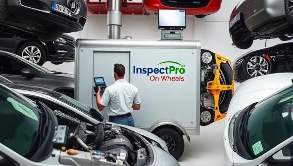 A mobile vehicle inspection unit equipped with diagnostic tools and a certified inspector examining a car's engine compartment, surrounded by a diverse range of vehicles, conveying professionalism and attention to detail in the inspection process offered by InspectPro On Wheels.