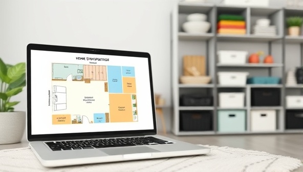 A visually appealing virtual home organization setup with a laptop displaying a room layout plan, color-coded storage solutions, and neatly organized shelves, creating a serene and clutter-free atmosphere.