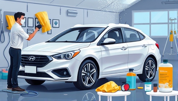 An engaging digital illustration showing a sparkling clean car being detailed by a professional with various cleaning tools and products, highlighting the convenience and quality of the online car detailing marketplace.