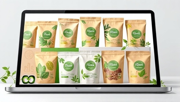 An array of eco-friendly packaging designs displayed on a digital platform with natural elements and green accents, showcasing the versatility and creativity of sustainable packaging solutions offered by the studio.