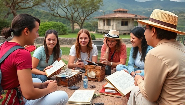 A group of travelers engaged in a lively language lesson with a local instructor in a picturesque outdoor setting, surrounded by language textbooks and cultural artifacts, illustrating the immersive and educational aspect of the language immersion travel experiences.