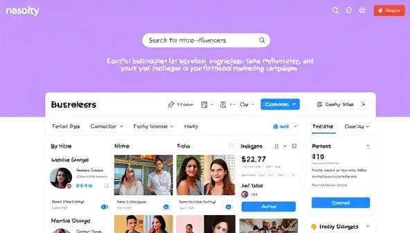 An interactive platform interface showing businesses searching for micro-influencers by niche, engagement rate, and audience demographics, highlighting the ease of connecting with influencers for targeted marketing campaigns.