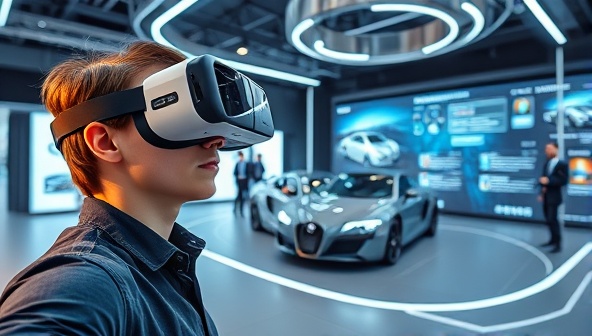 A dynamic virtual showroom scene featuring a user wearing VR goggles, exploring a high-end luxury car model in a futuristic digital environment, with interactive display screens, detailed car specifications, and virtual sales reps providing assistance, creating a captivating and immersive car shopping experience.
