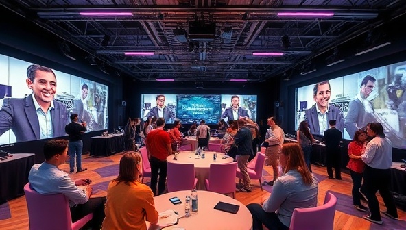 An immersive virtual event space with avatars interacting in a virtual world, showcasing the consultancy's ability to create engaging and dynamic online event experiences that transcend physical boundaries.