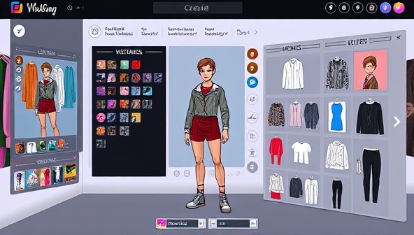 A sleek virtual design studio interface displaying a user creating a unique avatar with custom clothing options, accessories, and styling tools, surrounded by vibrant digital fabrics and design templates, showcasing the versatility and creativity of the platform.