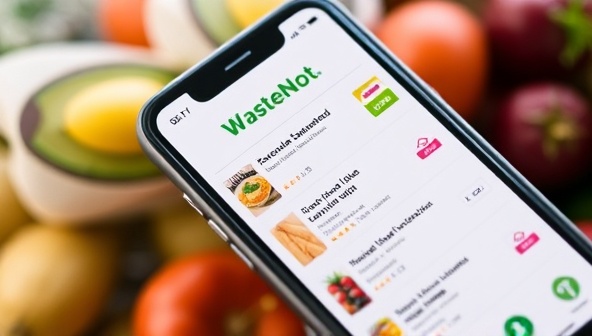 A smartphone screen displaying the WasteNot app interface with a variety of discounted food listings from local stores and restaurants, encouraging users to rescue surplus items and contribute to reducing food waste, creating a visual representation of sustainability in action.