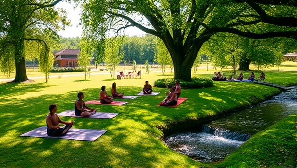 A tranquil wellness retreat setting with guests practicing yoga on a lush green lawn, a meditation circle under a canopy of trees, and a sound therapy session by a flowing stream, creating a harmonious and rejuvenating atmosphere at Serenity Haven Retreat.