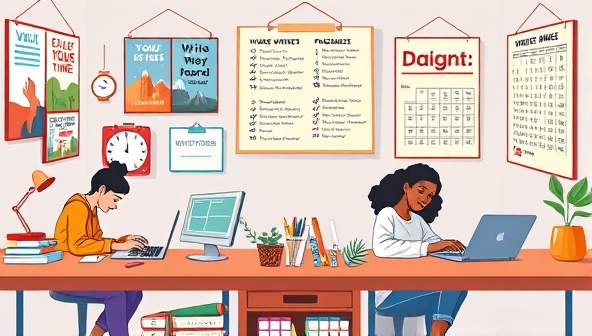 A virtual writing room illustration showcasing diverse writers typing on laptops, surrounded by motivational posters, timers, and shared writing progress charts, creating a dynamic and collaborative atmosphere in the WriteBuddies Hub community, inspiring members to stay focused and connected in their writing journey.