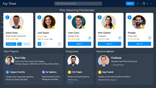 An interactive skill-based profile showcase on the platform featuring a diverse range of professionals highlighting their key skills, projects, and recommendations, illustrating the platform's innovative approach to talent recruitment and showcasing expertise.