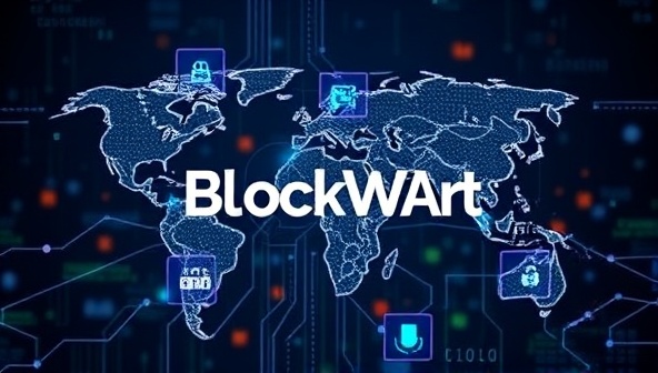 An interconnected network of digital blocks representing secure design transactions and collaborations on a global scale, with blockchain symbols and coding elements intertwining to form a web design marketplace ecosystem, symbolizing the transparency and efficiency of BlockWebArt.