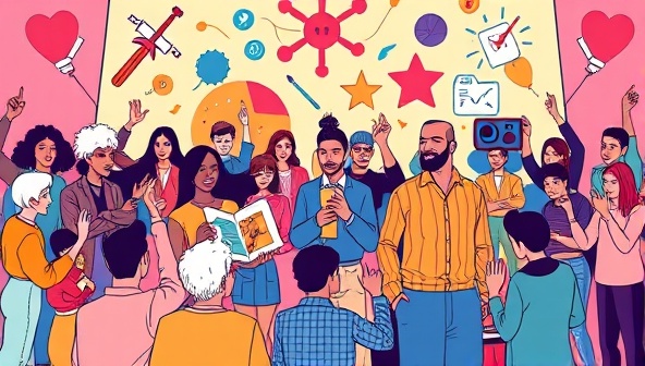 An online platform interface displaying a vibrant community of content creators collaborating on diverse projects, sharing ideas, and showcasing their creative talents, inspiring a sense of unity and artistic expression.