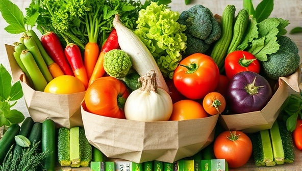 A vibrant image of colorful, fresh vegetables and fruits arranged in eco-friendly packaging, surrounded by green leaves and natural elements, conveying a message of freshness and sustainability.
