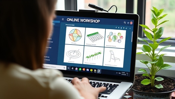 An online workshop scene with a digital screen displaying agricultural diagrams, a person engaging with the content, and a green plant in the background symbolizing growth and learning.