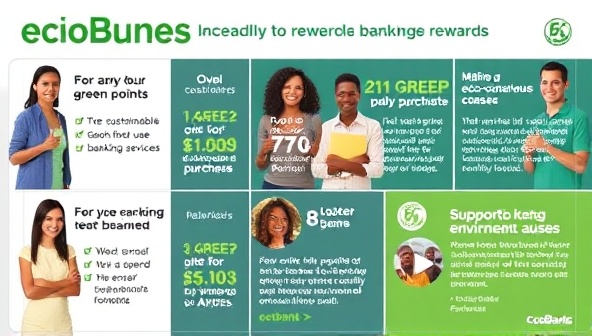 An engaging visual representation of the EcoBank Rewards program, showcasing a diverse group of customers earning green points for using sustainable banking services, making eco-conscious purchases, and supporting environmental causes, conveying a sense of community and environmental stewardship through banking rewards.