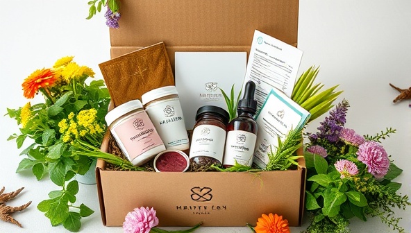 An aesthetically pleasing image of a beautifully curated subscription box filled with herbal teas, supplements, skincare products, and wellness accessories, surrounded by fresh herbs and flowers, evoking a sense of natural beauty and holistic wellness.
