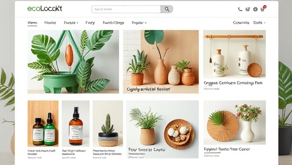 An online marketplace interface featuring a variety of sustainable products, from organic skincare to upcycled home decor, displayed in a visually appealing and eco-friendly design, reflecting the conscious ethos of the EcoLocal Market platform.