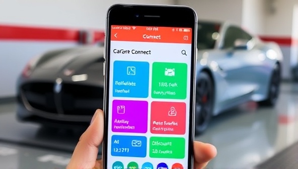 A smartphone displaying the CarCare Connect app interface, with vibrant graphics showing service reminders, appointment scheduling, and discounts, set against a backdrop of a sleek, modern car in a garage.