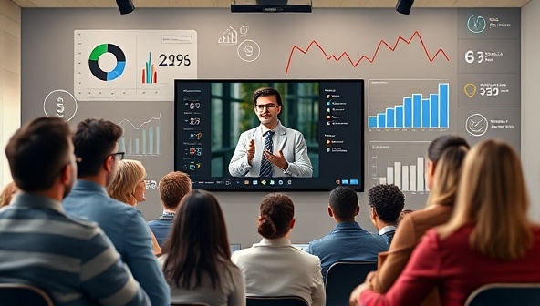 A dynamic virtual webinar setting with a diverse group of participants engaging with a financial expert on a screen, surrounded by digital graphics representing financial concepts and charts, creating an interactive and informative learning experience.