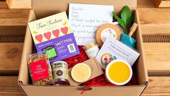 An artfully arranged subscription box filled with colorful handmade goods, artisanal treats, and personalized notes from local creators, exuding creativity and the joy of discovering artisanal treasures.