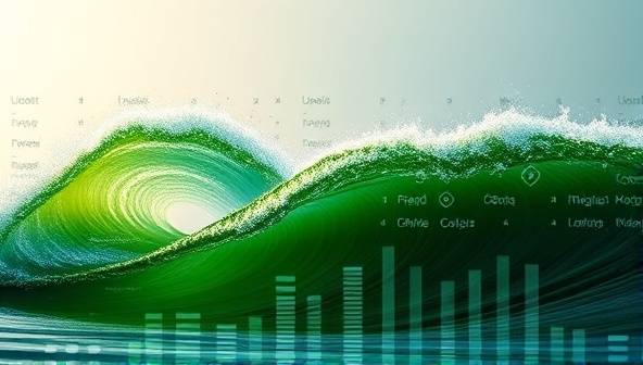 An artistic representation of a lush green wave symbolizing the agency's commitment to sustainability and environmental consciousness, with elements of eco-friendly branding and messaging integrated into the design, conveying a harmonious blend of nature and marketing innovation.