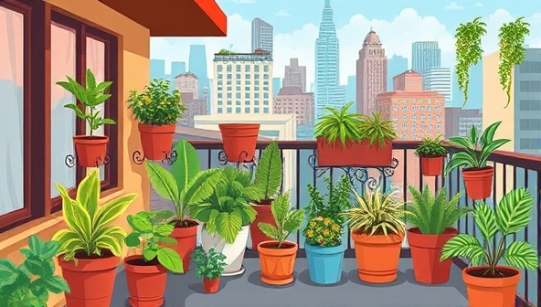 An artistic illustration of a vibrant cityscape balcony transformed into a lush urban garden oasis, showcasing various plant species thriving in pots and vertical planters, inspiring urban dwellers to start their green journey.