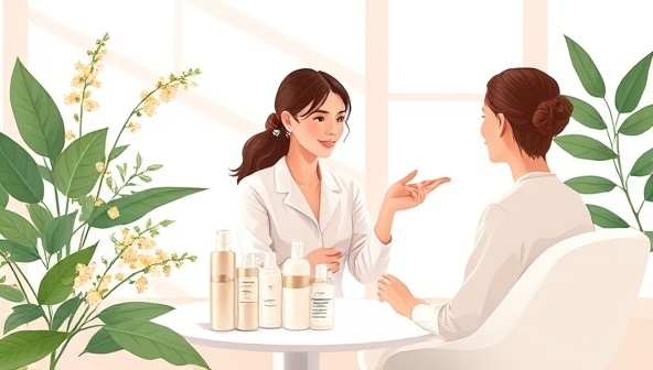 An elegant and serene digital illustration of a virtual skincare consultation session, featuring a consultant discussing skincare routines and product recommendations with a client, surrounded by botanical elements and soft, natural lighting, capturing the essence of AuraWell Online Consulting's holistic approach to beauty and wellness.