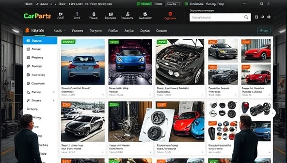 An online marketplace interface featuring a variety of car parts listings, with users engaged in virtual negotiations and transactions, showcasing a diverse range of automotive components and a vibrant community atmosphere.