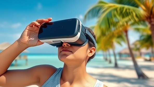 An individual wearing a VR headset, exploring a virtual beach resort with crystal-clear waters and palm trees swaying in the breeze, evoking a sense of wanderlust and adventure through immersive technology.