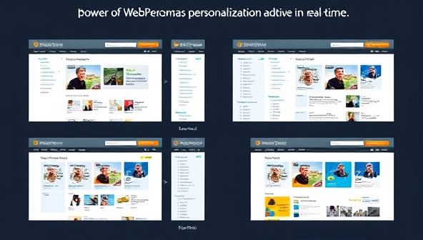 A dynamic web interface displaying different personalized versions of a website based on user preferences and behavior, with tailored content, layouts, and features adapting in real-time, illustrating the power of WebPersona's data-driven personalization platform in action.
