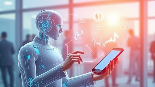 A futuristic depiction of a user interacting with a voice-activated AI assistant on a smart device, managing telecommunications tasks seamlessly through voice commands, illustrating the convenience and efficiency of the Voice AI Telecommunications Assistant.