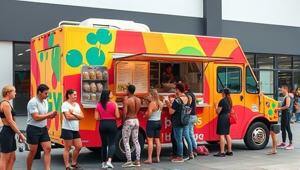A vibrant and colorful food truck parked outside a gym, with a line of customers eagerly ordering healthy meals and smoothies, surrounded by fitness enthusiasts in workout attire, creating a bustling and energetic scene.
