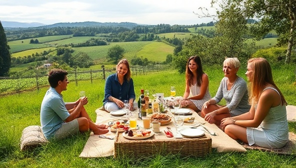 An idyllic outdoor picnic setting catered by EcoPicnic Harmony Catering, featuring a lush green landscape, biodegradable picnic ware, locally sourced gourmet treats, and happy guests enjoying a sustainable and picturesque picnic experience, embodying the essence of eco-friendly dining in harmony with nature.