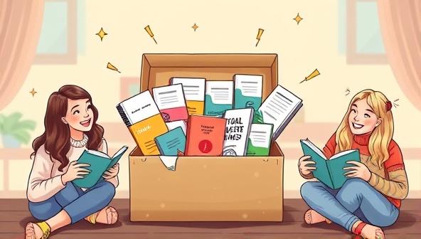 An artistic representation of a beautifully designed subscription box filled with financial tools, books, and resources, surrounded by happy subscribers engaging with the contents and learning about financial wellness, conveying a sense of empowerment and knowledge.