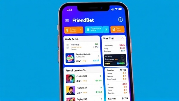 A vibrant mobile screen displaying the FriendBet app interface with colorful betting options, friend leaderboards, and interactive chat features, creating a lively and social betting atmosphere.