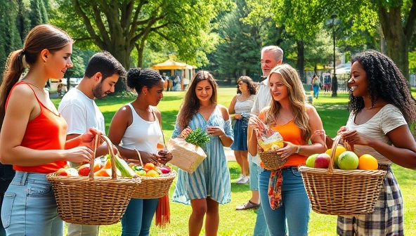 A vibrant image showcasing a diverse group of individuals gathered in a sunny park, exchanging baskets filled with homemade jams, fresh produce, baked goods, and culinary delights, embodying the spirit of community, sharing, and culinary diversity.