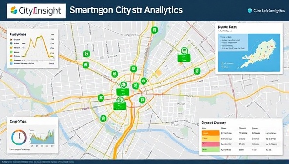 An infographic displaying a city map with data visualization overlays depicting traffic patterns, population density, and infrastructure conditions, illustrating the insights and analytics provided by CityInsight Analytics for smart city planning.